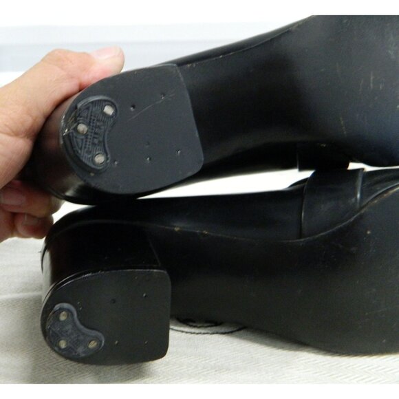 Hermès Paris Vintage Black Leather & Suede Block Heel Loafers Gold "H" Hardware - Picture 10 of 16